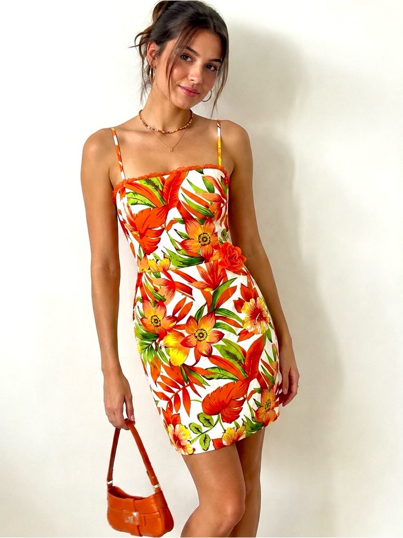 Y2k City Triangles Tropical Floral Dress Size 9 Orange White Cotton Stretch Chic